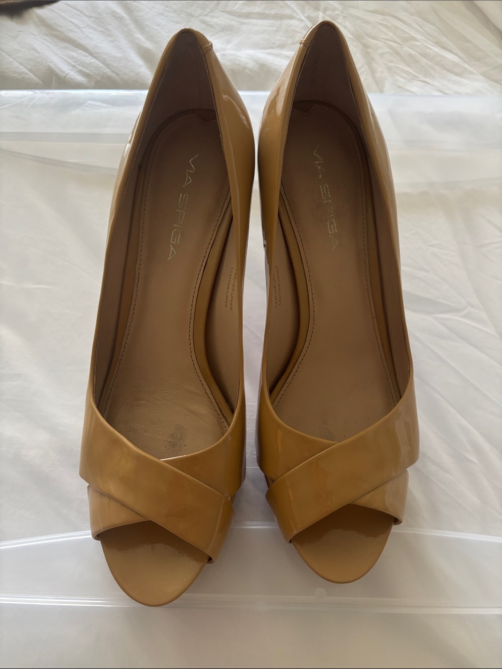 Via Spiga Tan Patent Peep-Toe Pumps